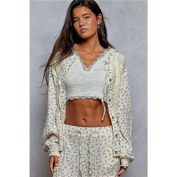 POL Floral Balloon Sleeve Hooded Lace Jacket with Stitch Detail - Picture 1 of 7